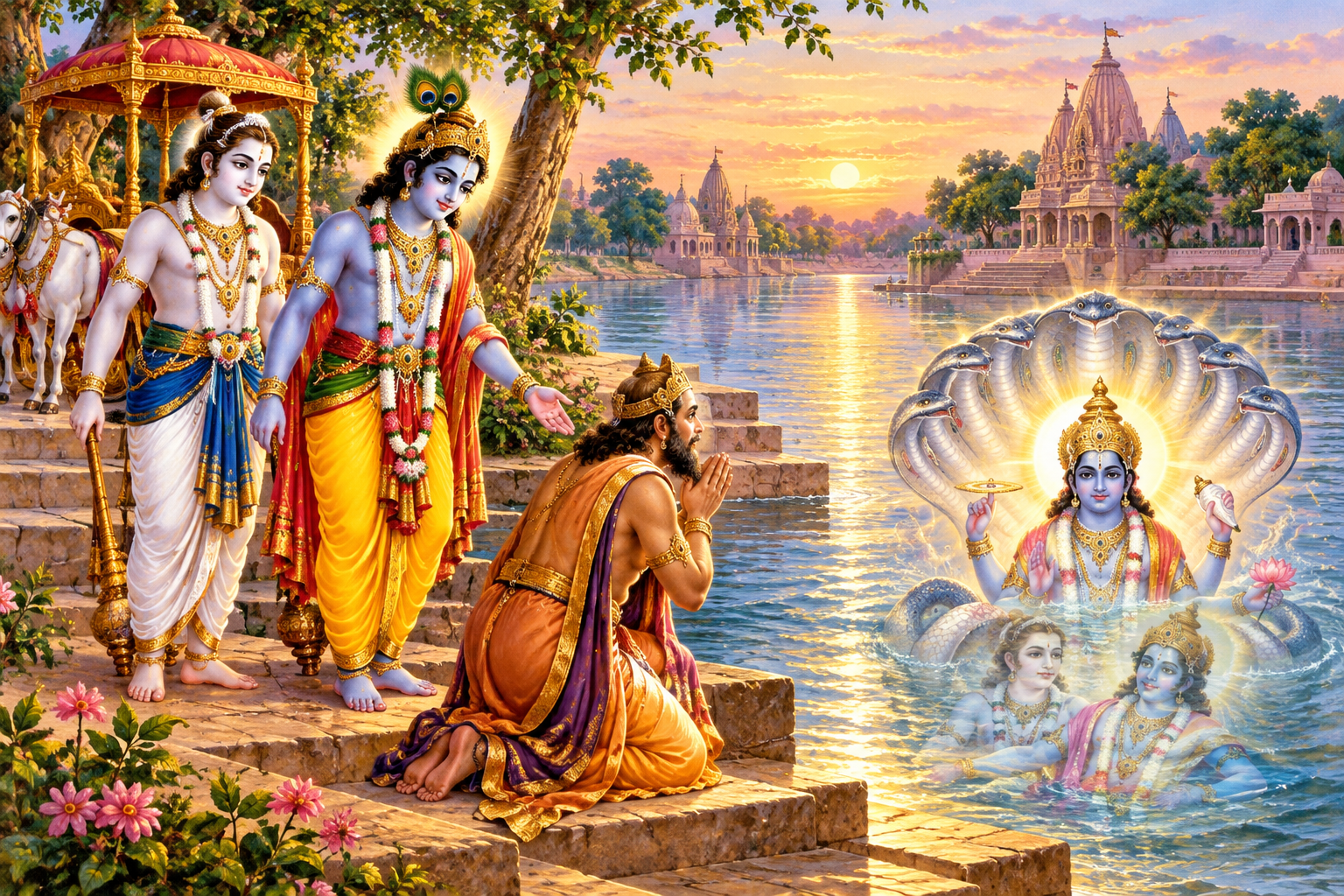 यमुना तट पर श्रीकृष्ण के दिव्य स्वरूप का दर्शन करते श्री अक्रूर जी